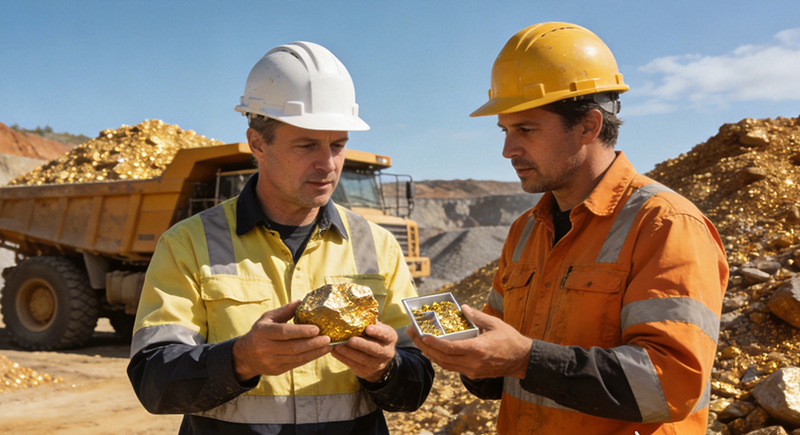 Mining engineers and workers inspect gold ore samples together