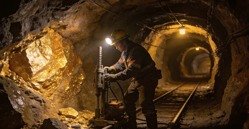 Miners operate drilling equipment in underground gold mines
