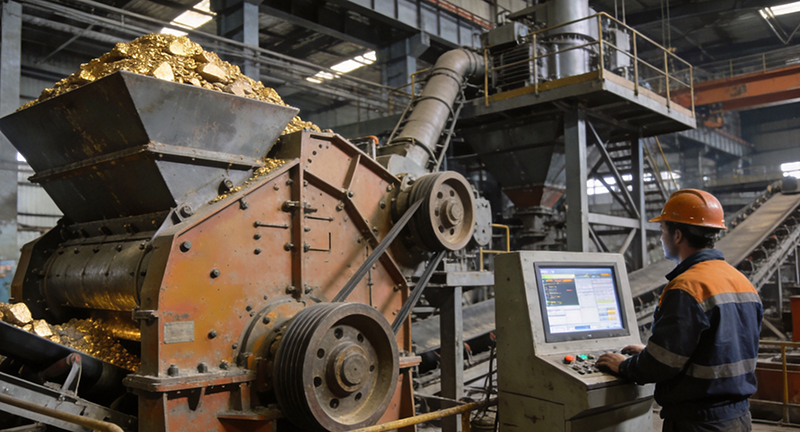 Workers operate gold ore crusher equipment