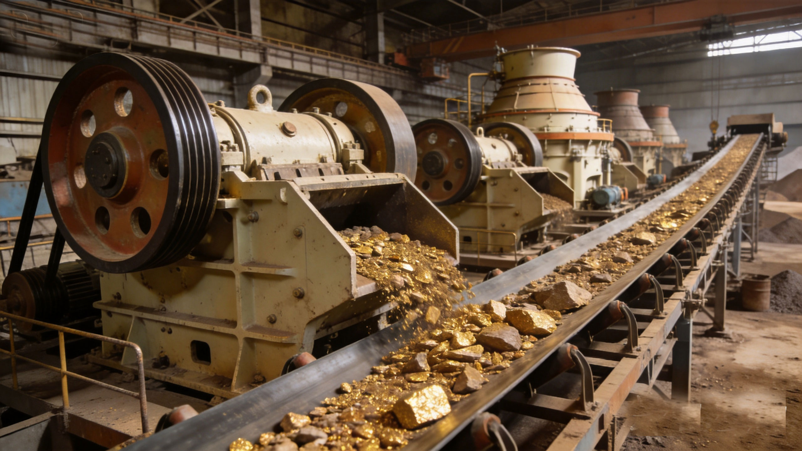 The production line of the gold mine crushing section consists of jaw crushers and cone crushers arranged in sequence
