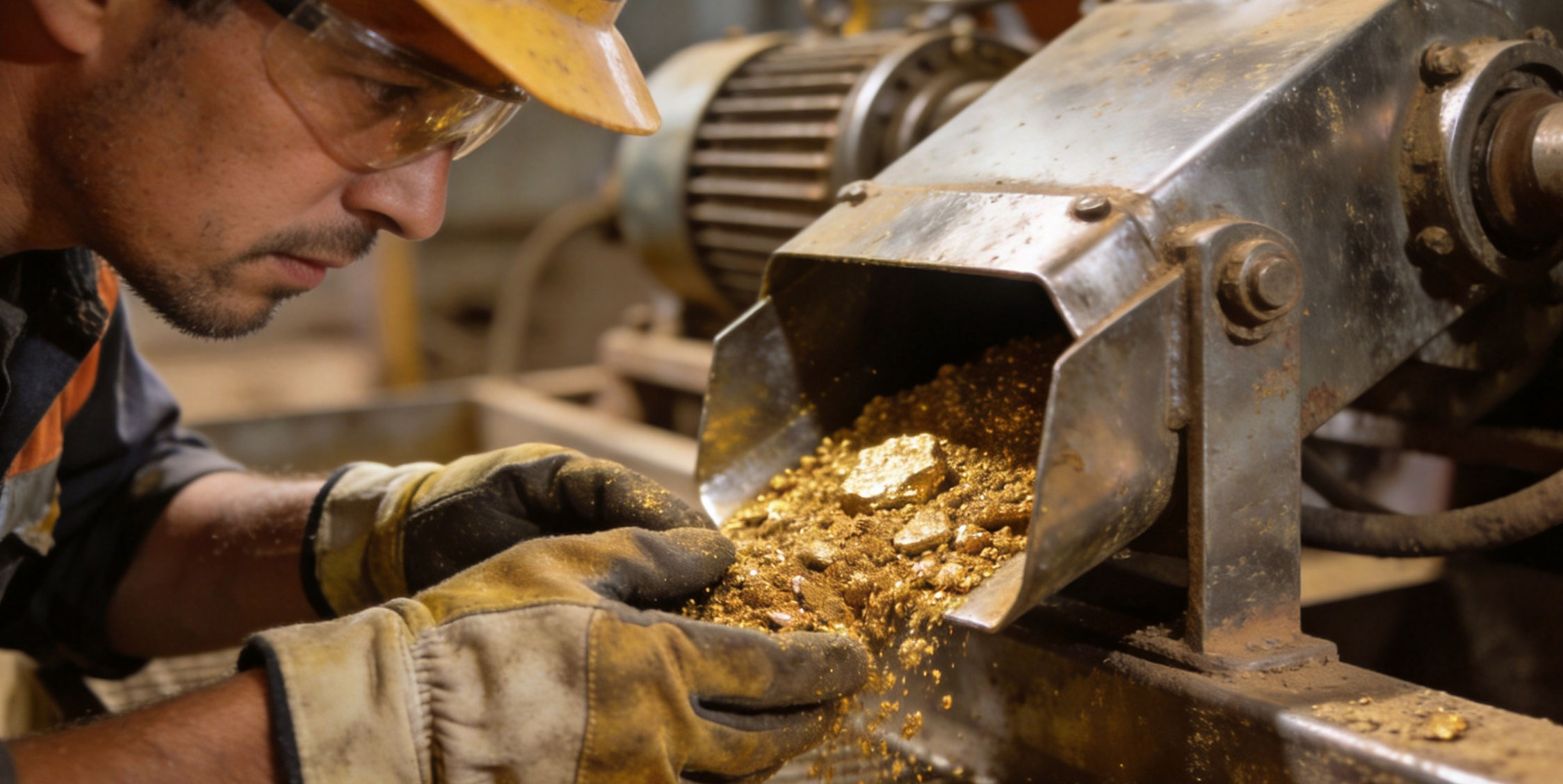 Gold miners inspect the discharge outlet of the beneficiation equipment