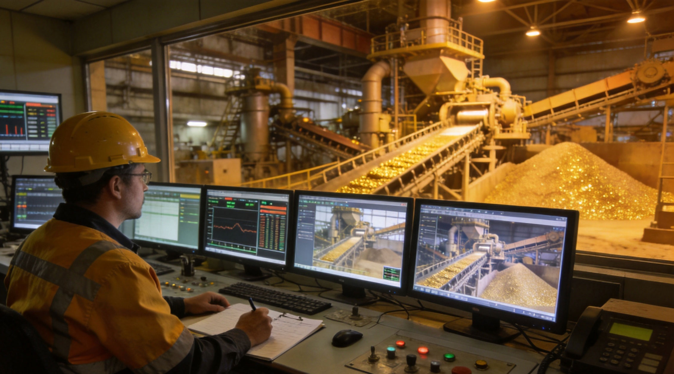 Gold miners monitor the beneficiation production process in the central control room
