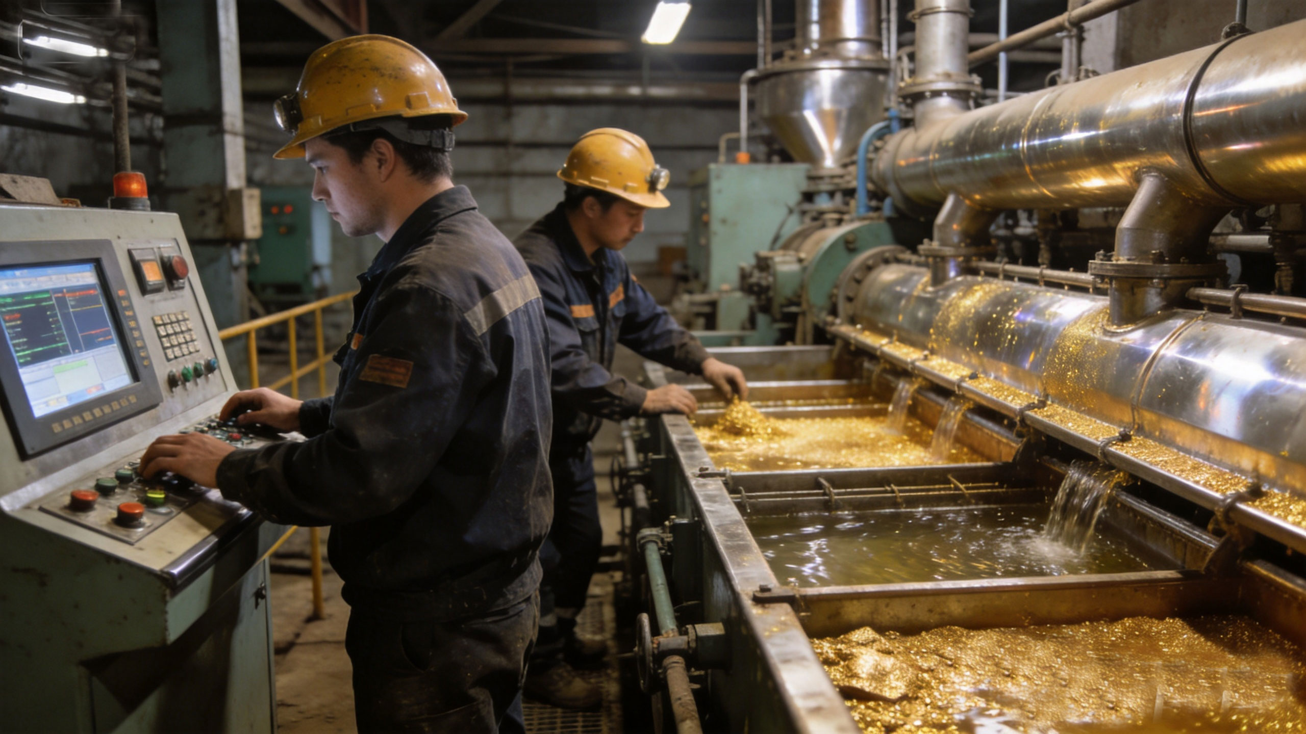 Two gold miners collaborate to operate flotation equipment