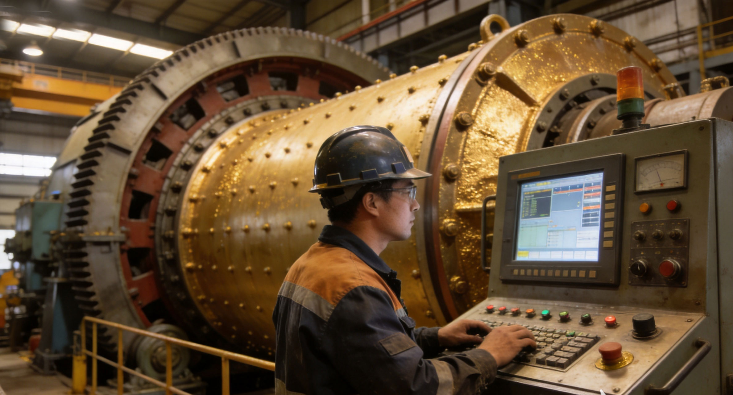 Workers at the gold ore beneficiation plant are operating a large ball mill
