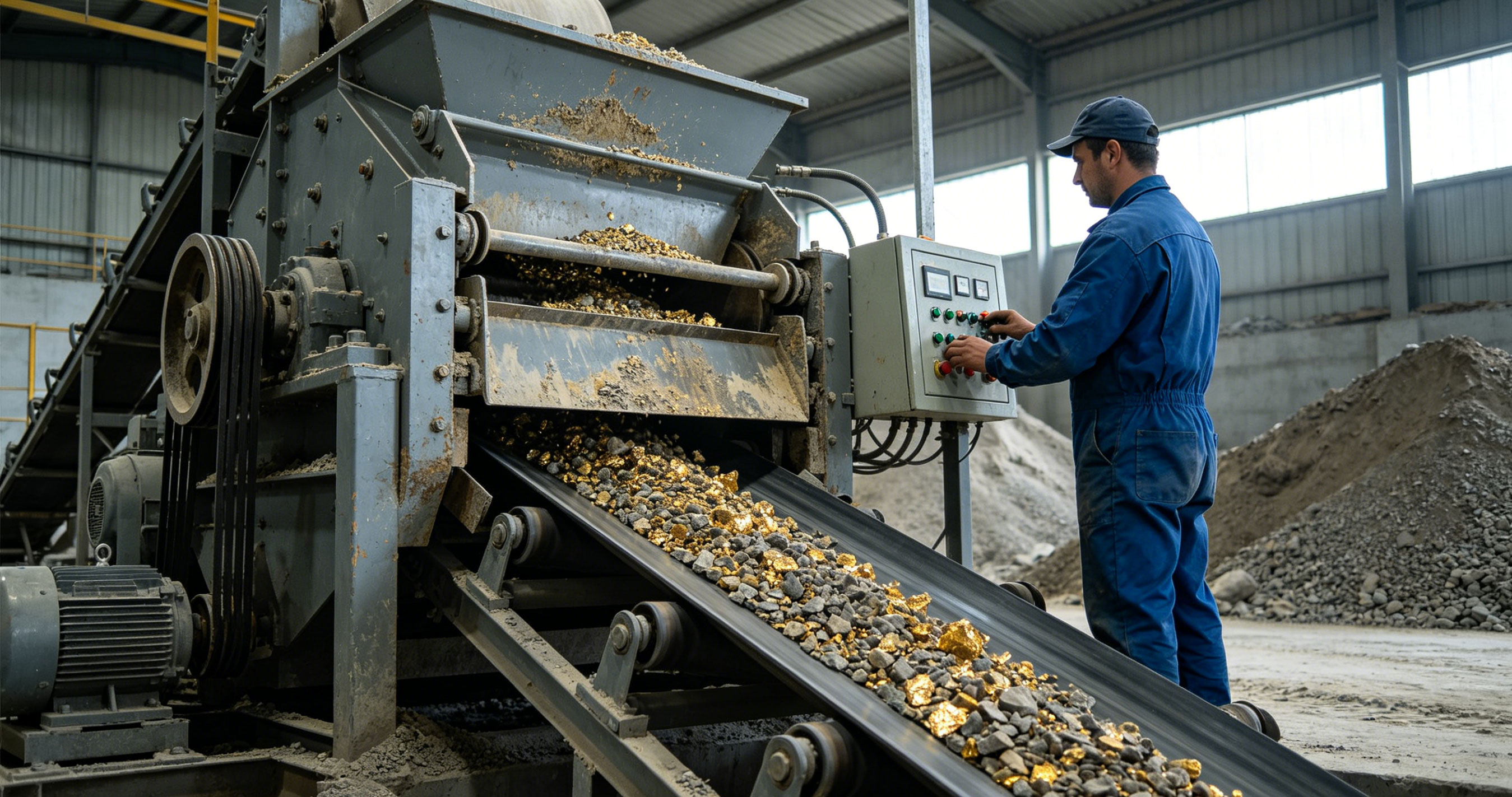 Workers operate gold mining equipment