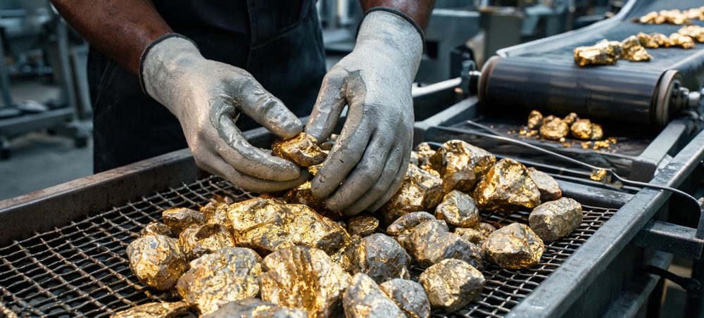 Gold ore is rolling on the vibrating screen of the gold mining production line