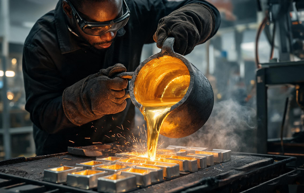 African workers are casting gold ingots in a gold mine